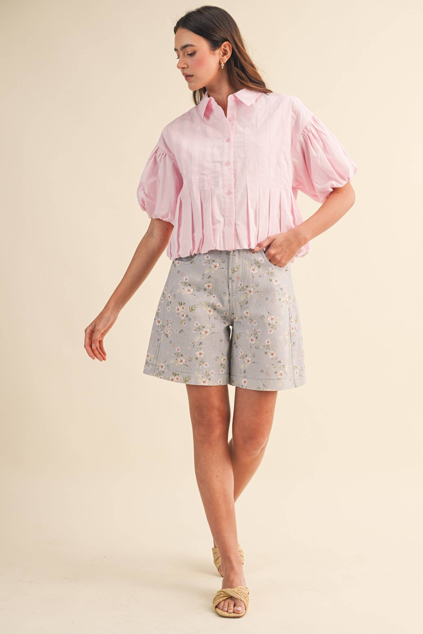PLEATED BUBBLE HEM BUTTON DOWN TOP MTP4694: BANANA CREAM / S