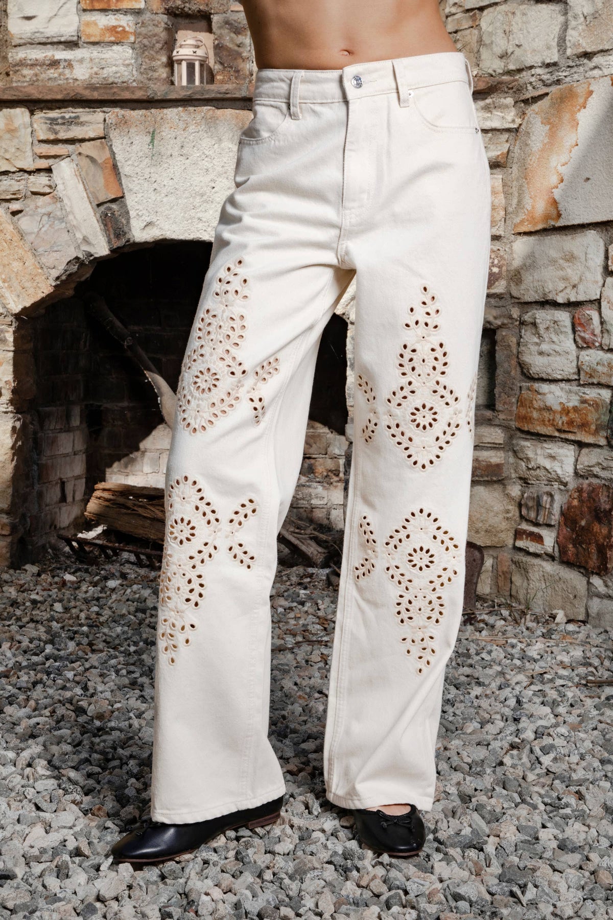 Flower Embroidered Wide Leg Denim