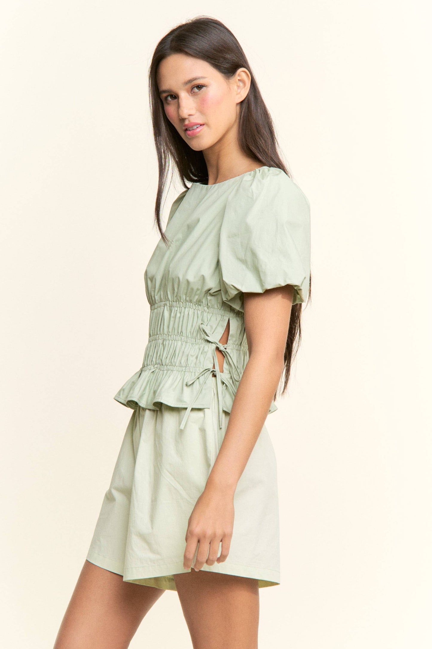 Boat Neckline Smocked Puff Sleeves Top
