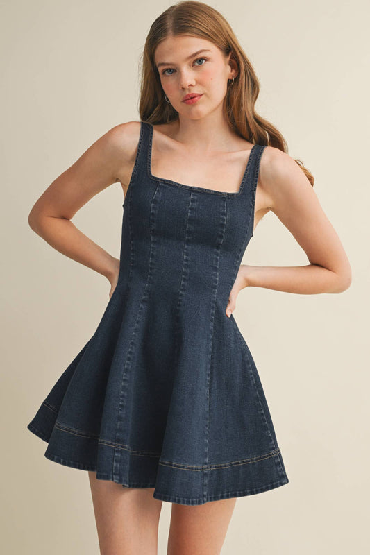 Square Neck Seamed Fit-And-Flare Dress