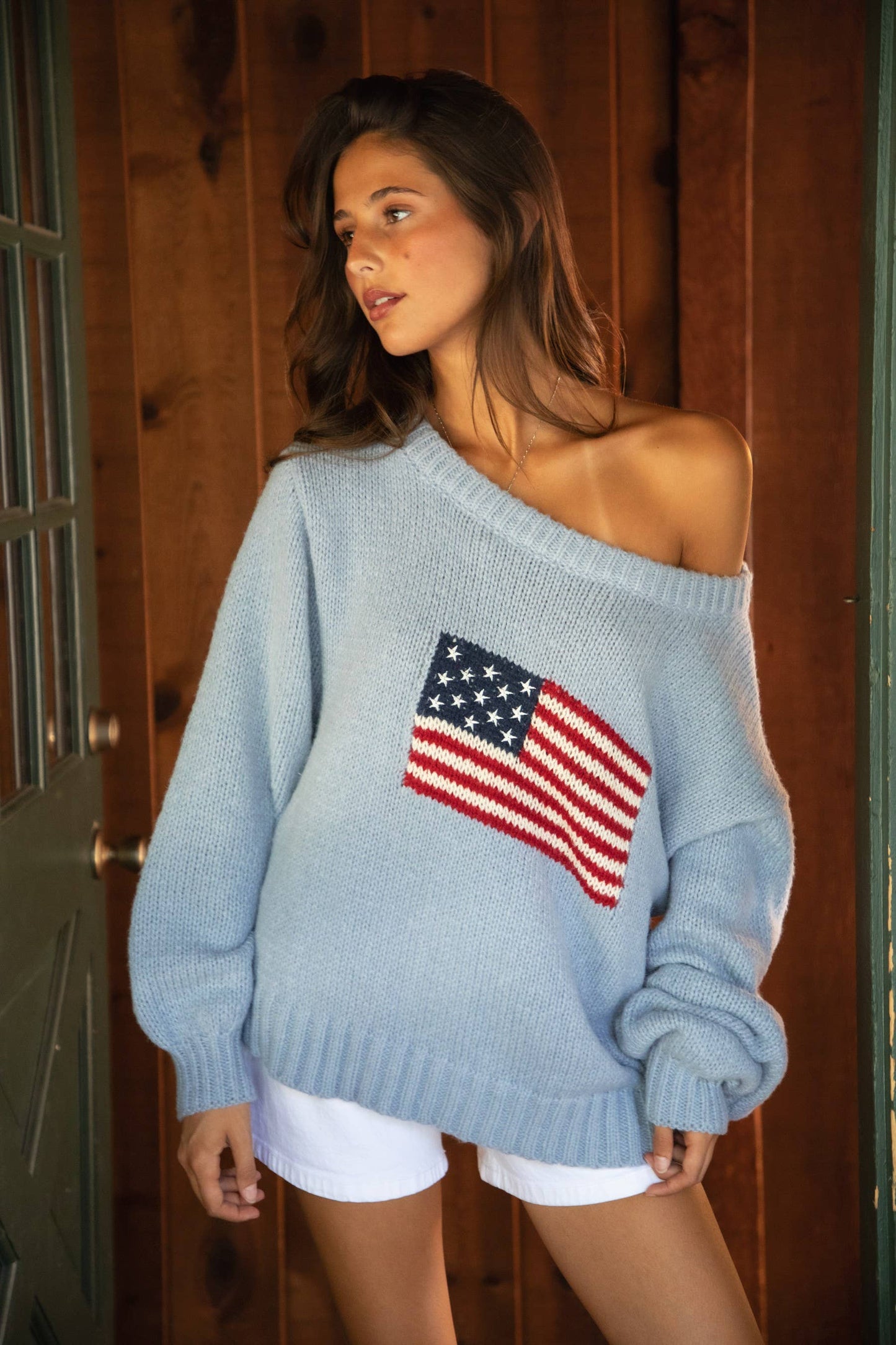 BRANDI American Flag Knit Off The Shoulder Lounge Sweater: Cream / 3 SMALL 2 MEDIUM 1 LARGE