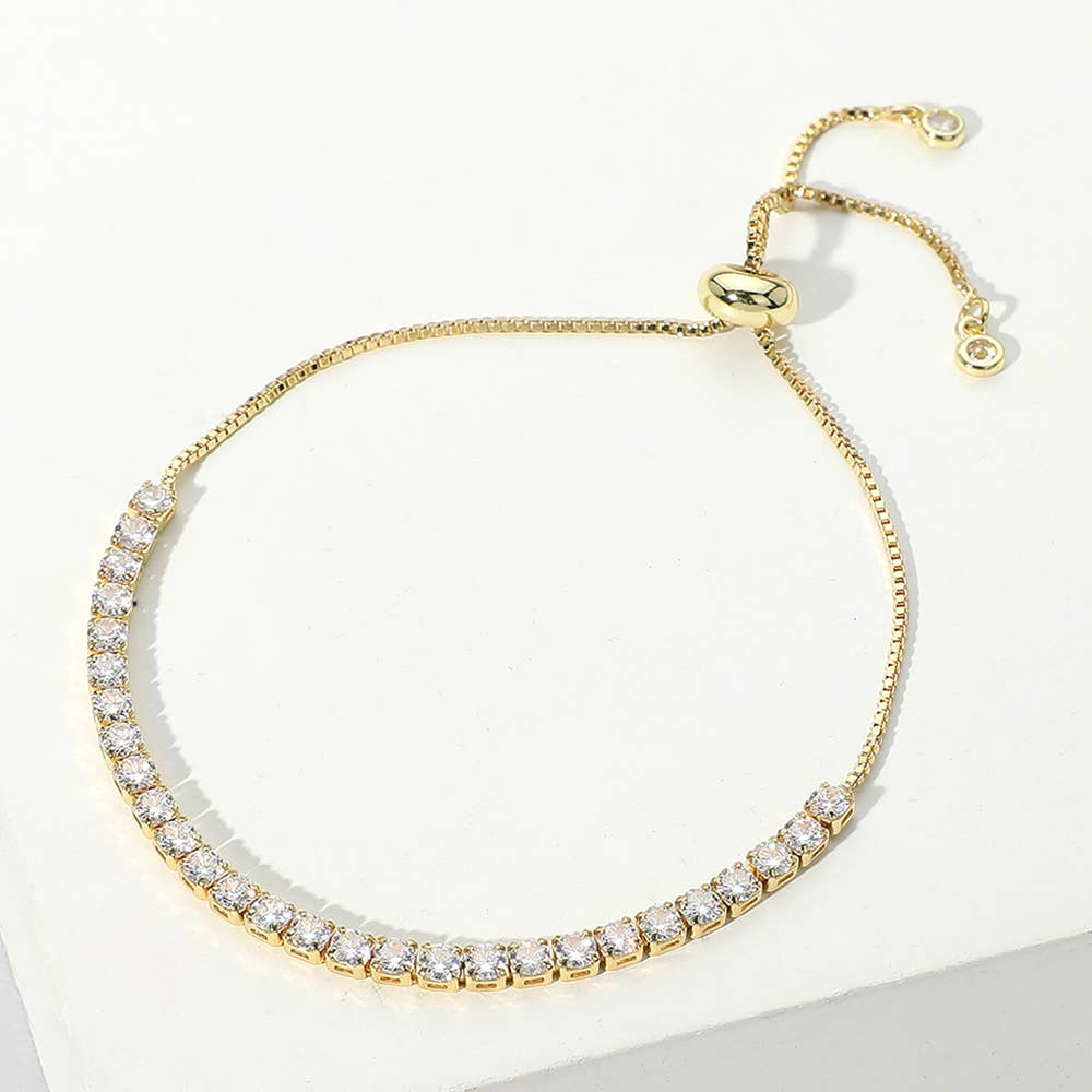 Stainless Steel Round CZ Tennis Pull Tie Adjustable Bracelet