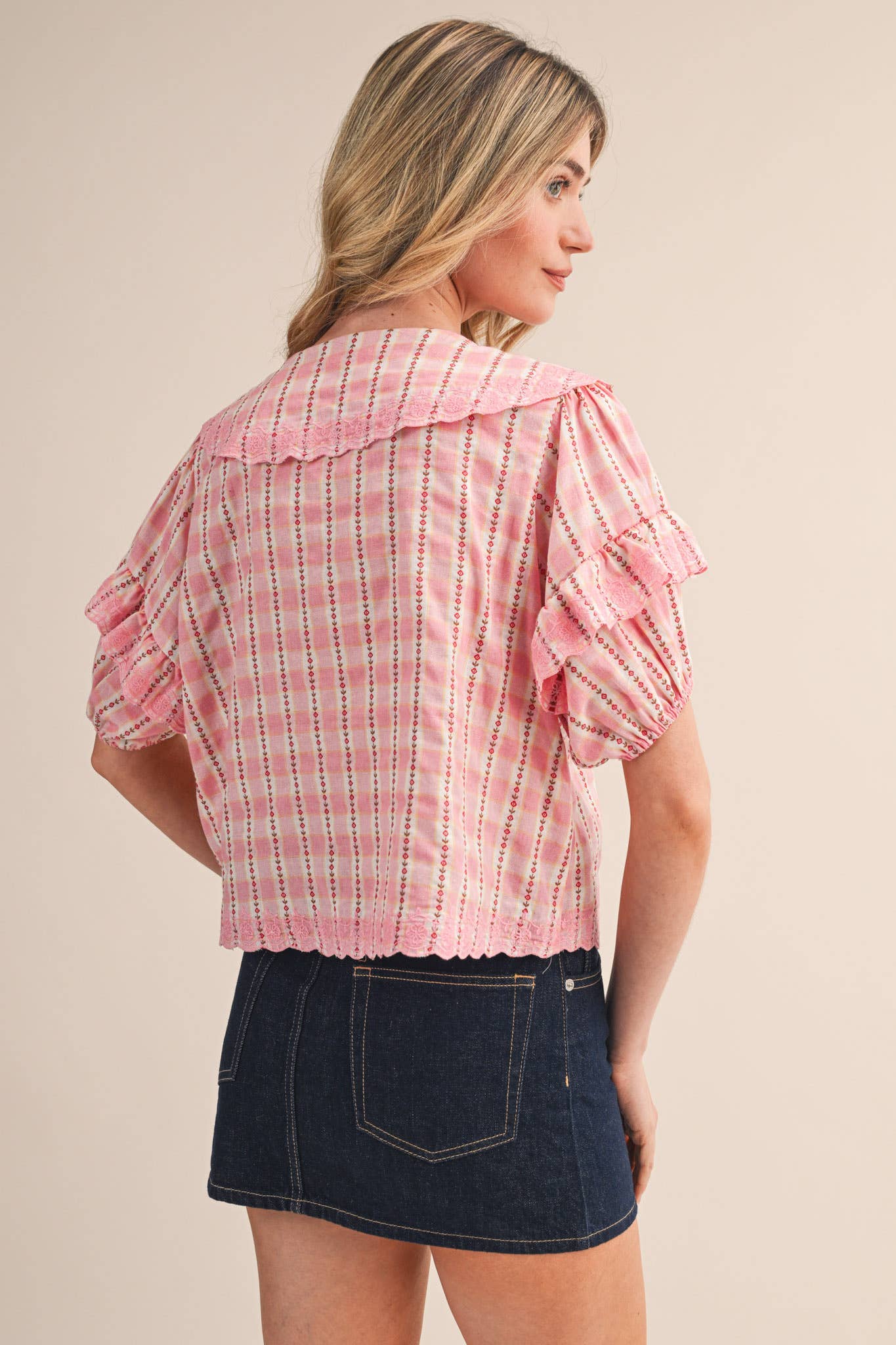 FLORAL GINGHAM EMBROIDERED DOLL COLLAR TOP MTP4602: YELLOW GINGHAM / S