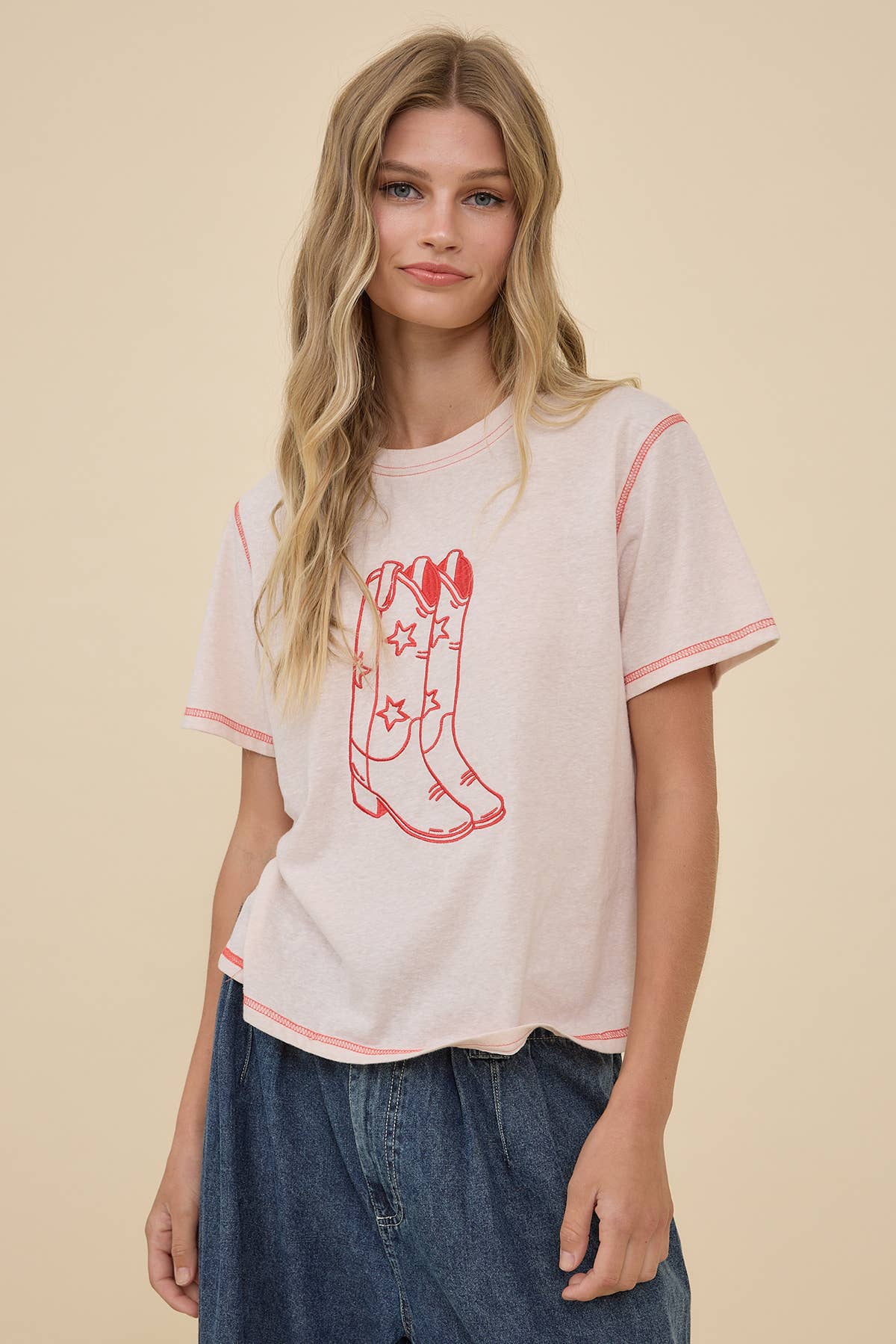 Western Boots Embroidered Contrast Stitch Tee - RTK1112: PEACH / S-M-L (3-2-1)