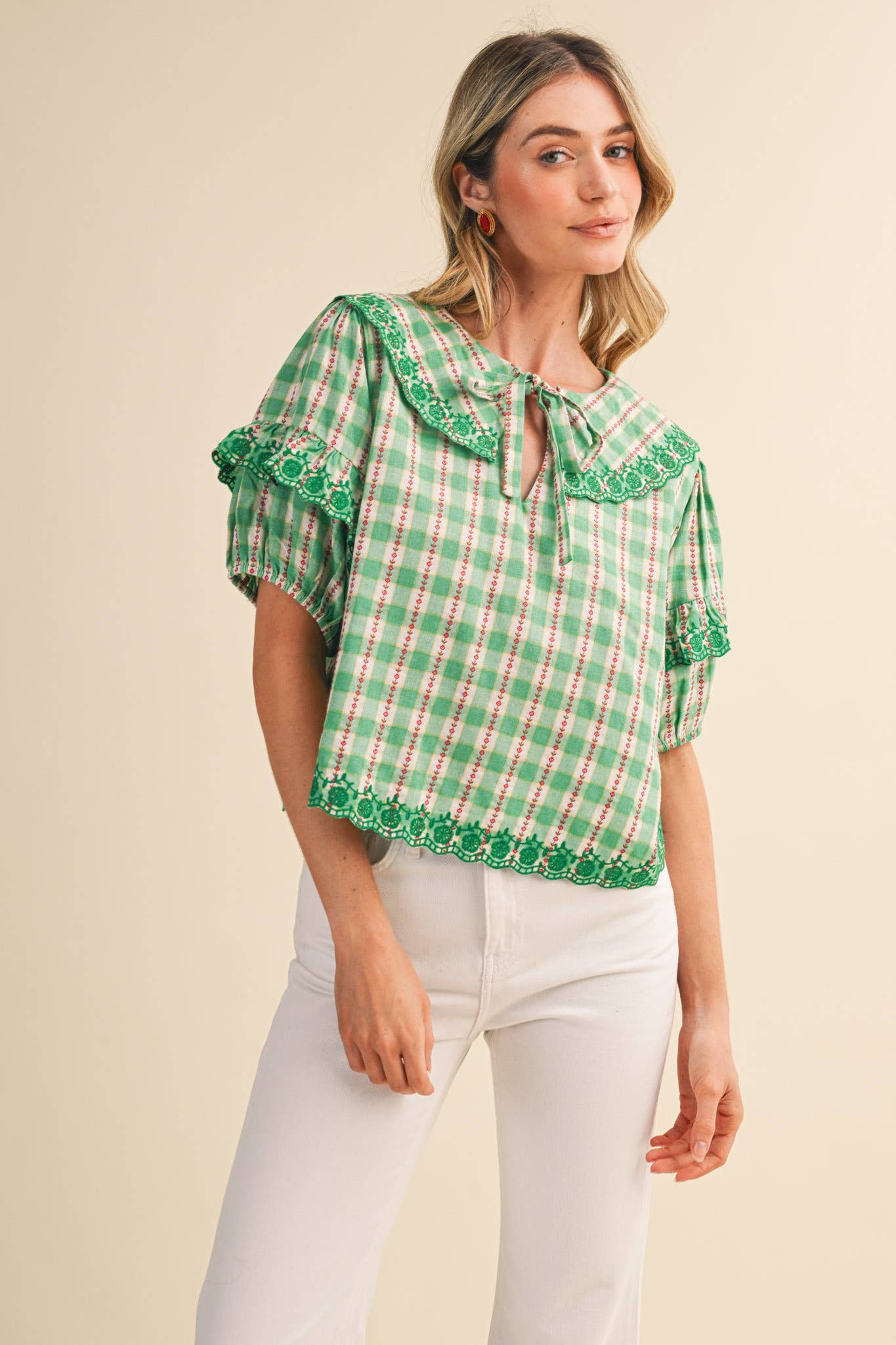 FLORAL GINGHAM EMBROIDERED DOLL COLLAR TOP MTP4602: YELLOW GINGHAM / S