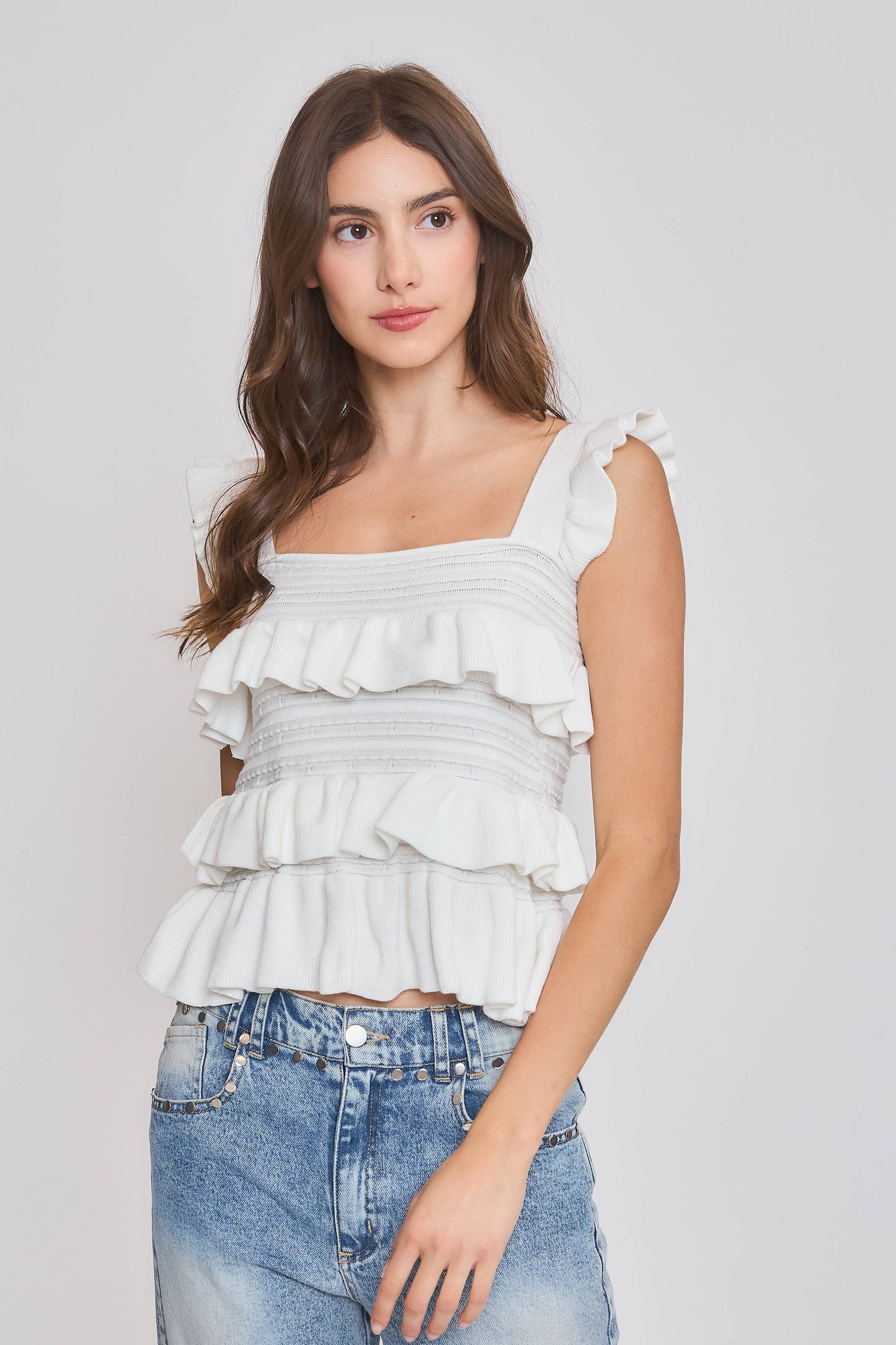 CW10030E Red Ruffled Knit Sleeveless Top: TOMATO RED / S-M-L (3-2-1)