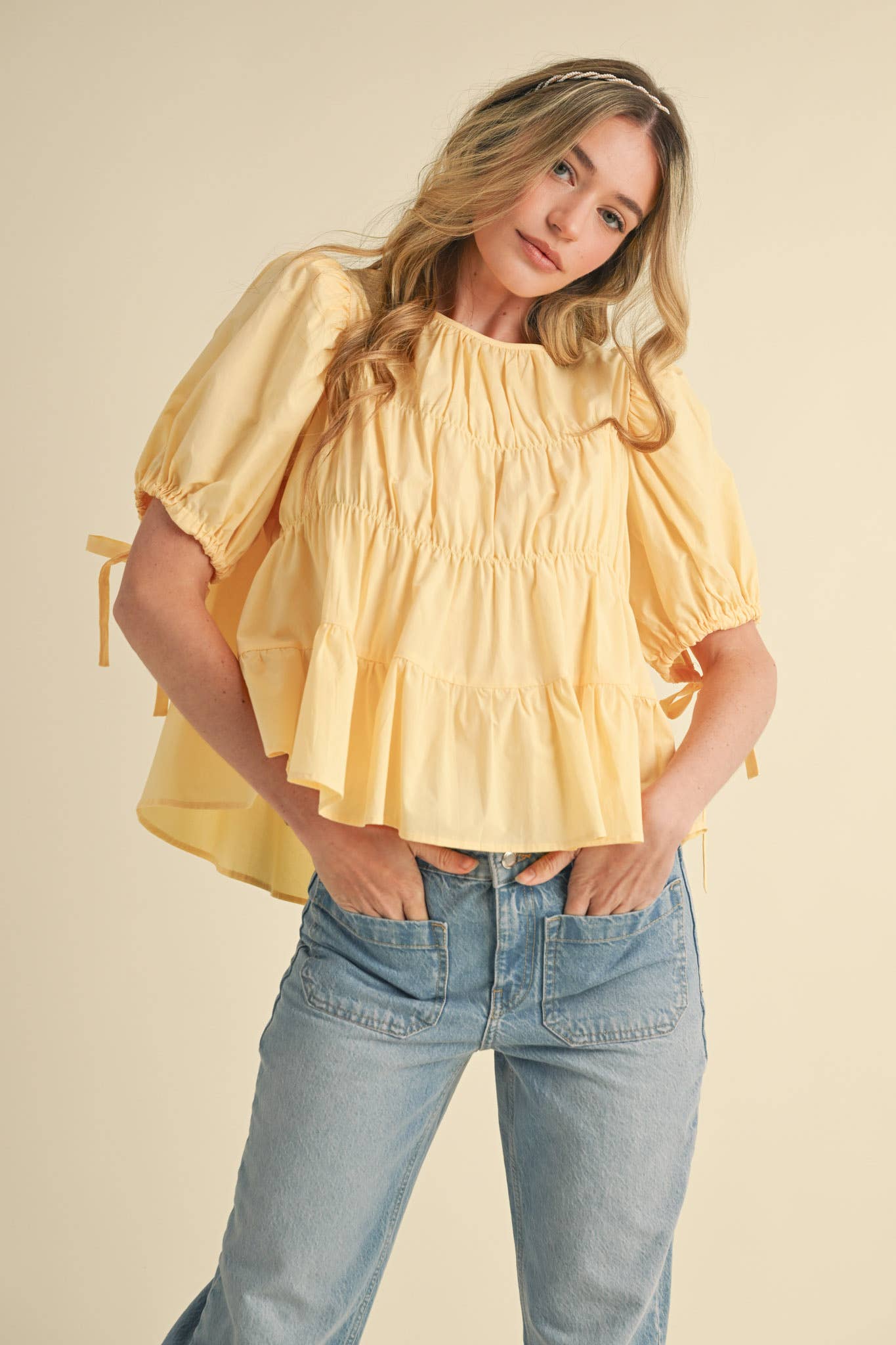 TIERED SHIRRING PUFF SLEEVE TOP MTP3081: PEACH FUZZ / S