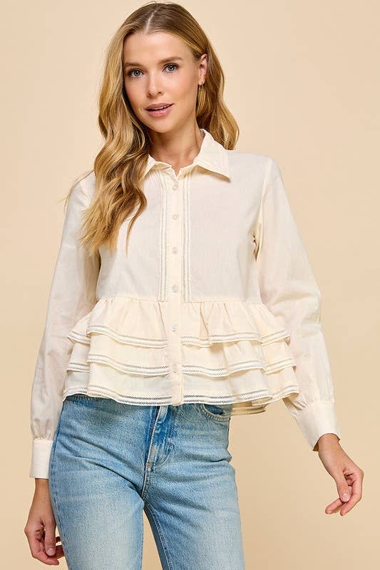 Button Up Long Sleeve Peplum Waist Top