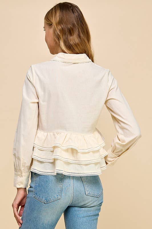 Button Up Long Sleeve Peplum Waist Top
