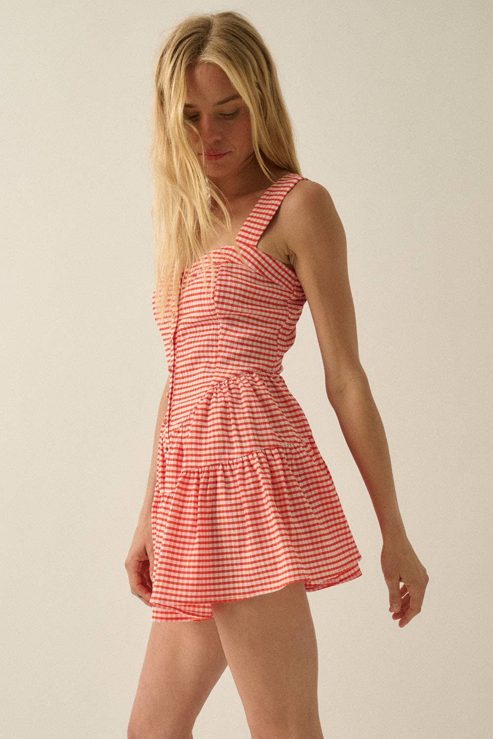Gingham Sleeveless Fit-and-Flare Tiered Ruffle Romper