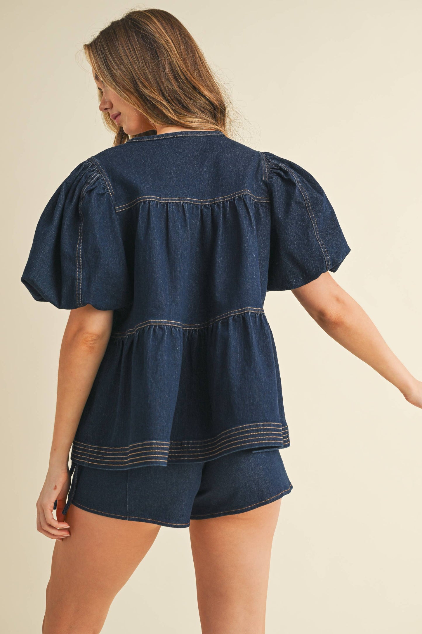 Contrast Stitching Detail Tiered Denim Top