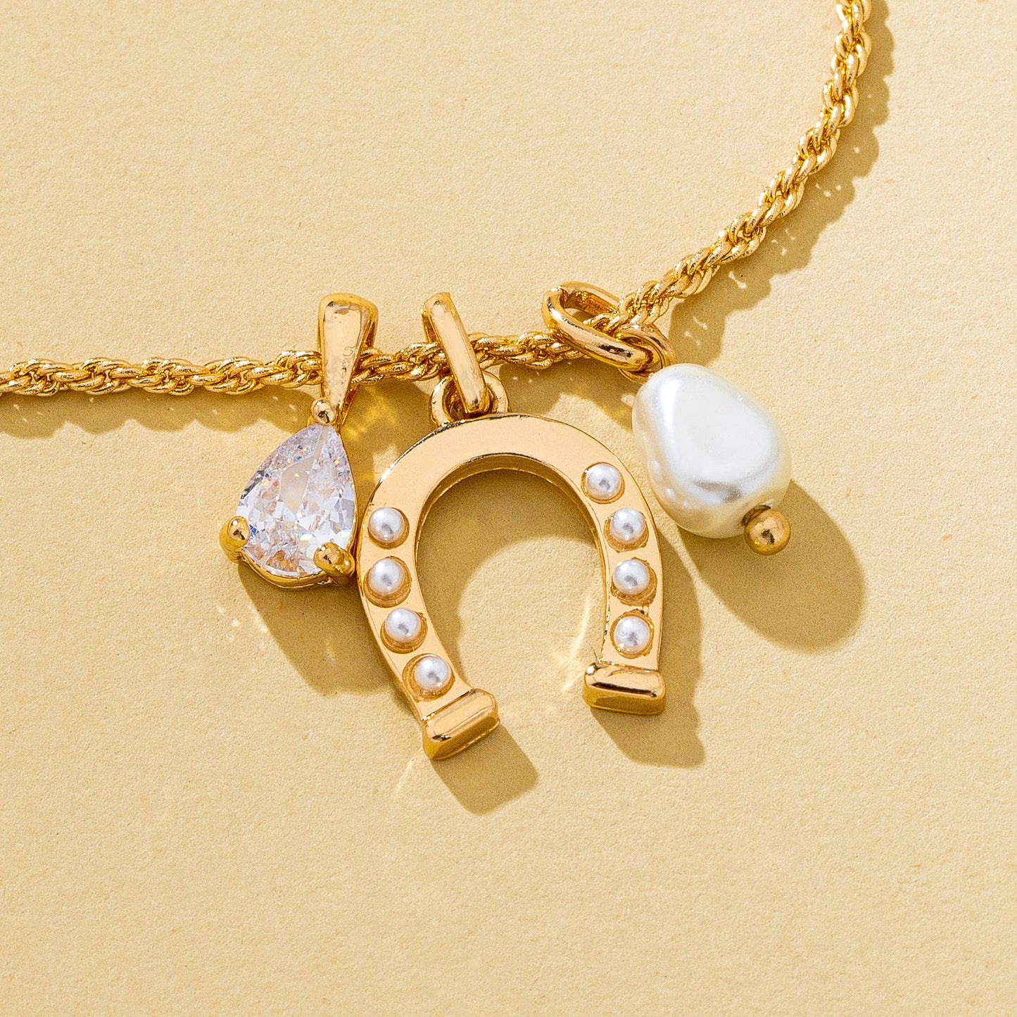 Pave Horseshoe & Pearl Drop Charm Necklace