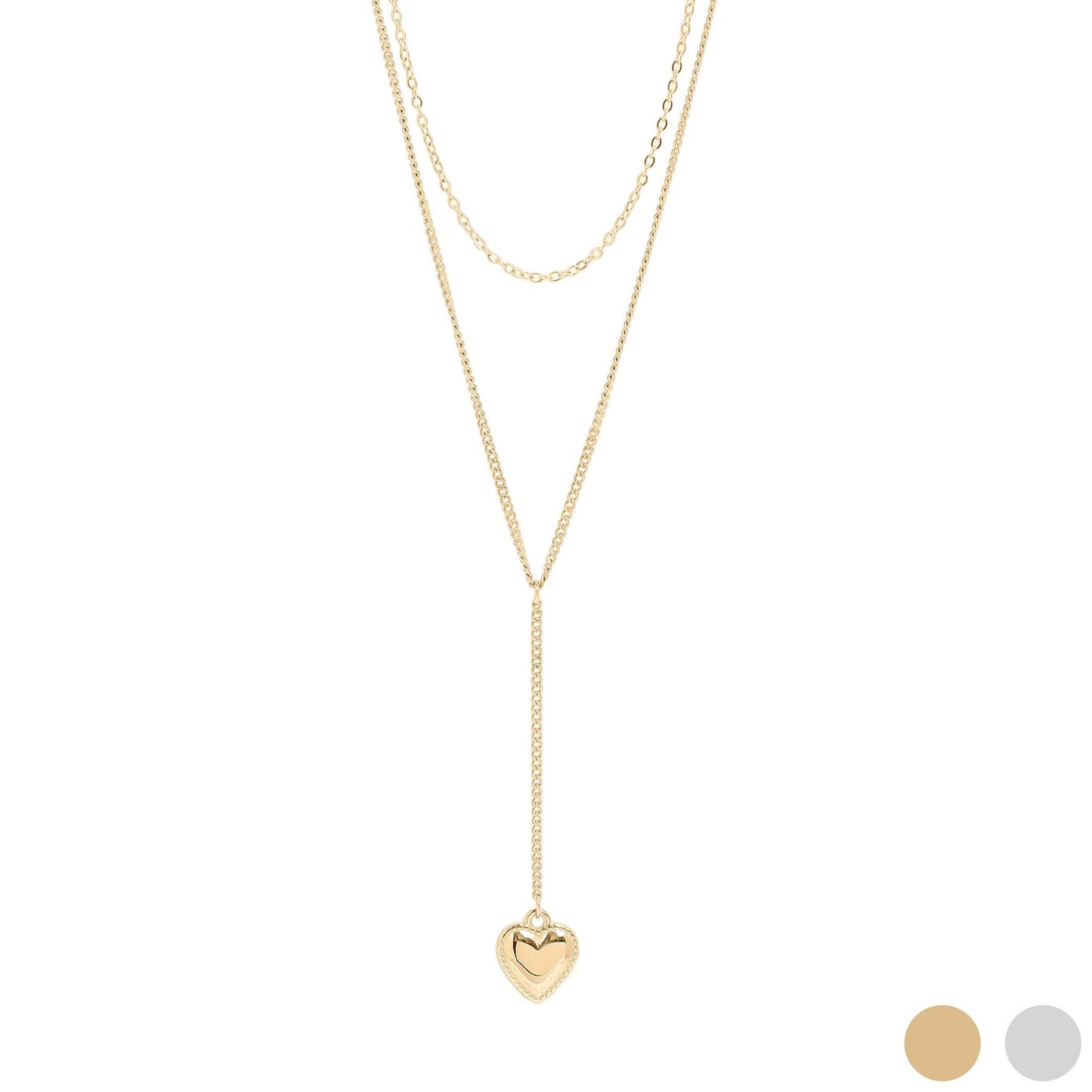 18K Gold PVD Stainless Steel Layered Lariat Heart Charm Necklace