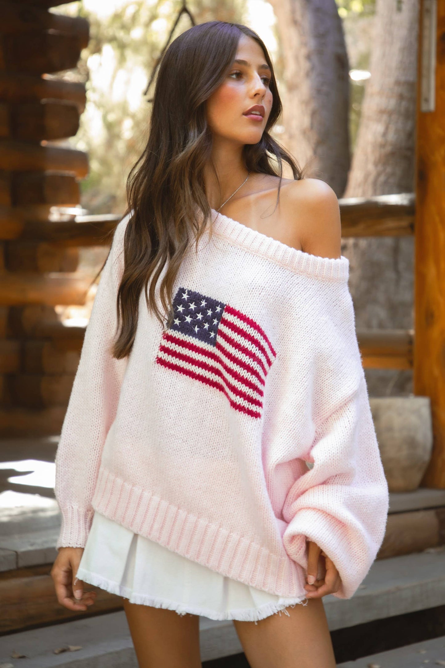 BRANDI American Flag Knit Off The Shoulder Lounge Sweater: Cream / 3 SMALL 2 MEDIUM 1 LARGE
