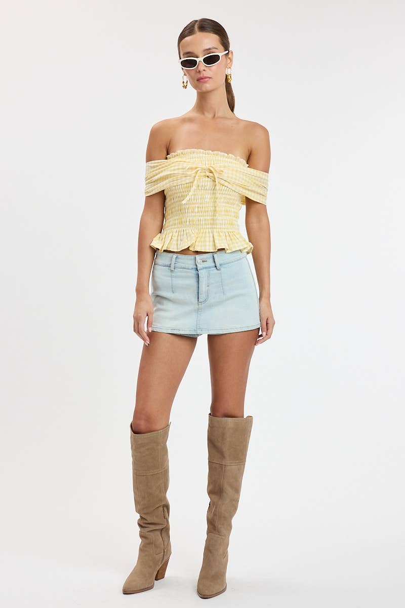 CHECKER OFF-SHOULDER SMOCKED BODY TIE TUBE TOP: RED CHECKER / S