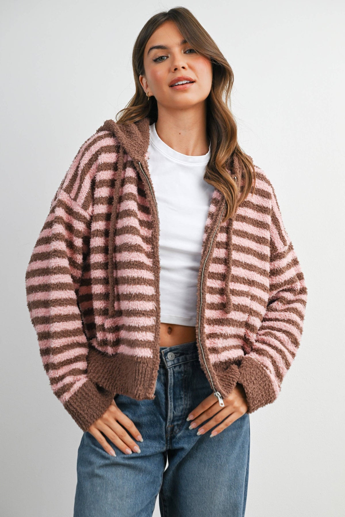 Striped Zip-Up Hooded Cardigan
