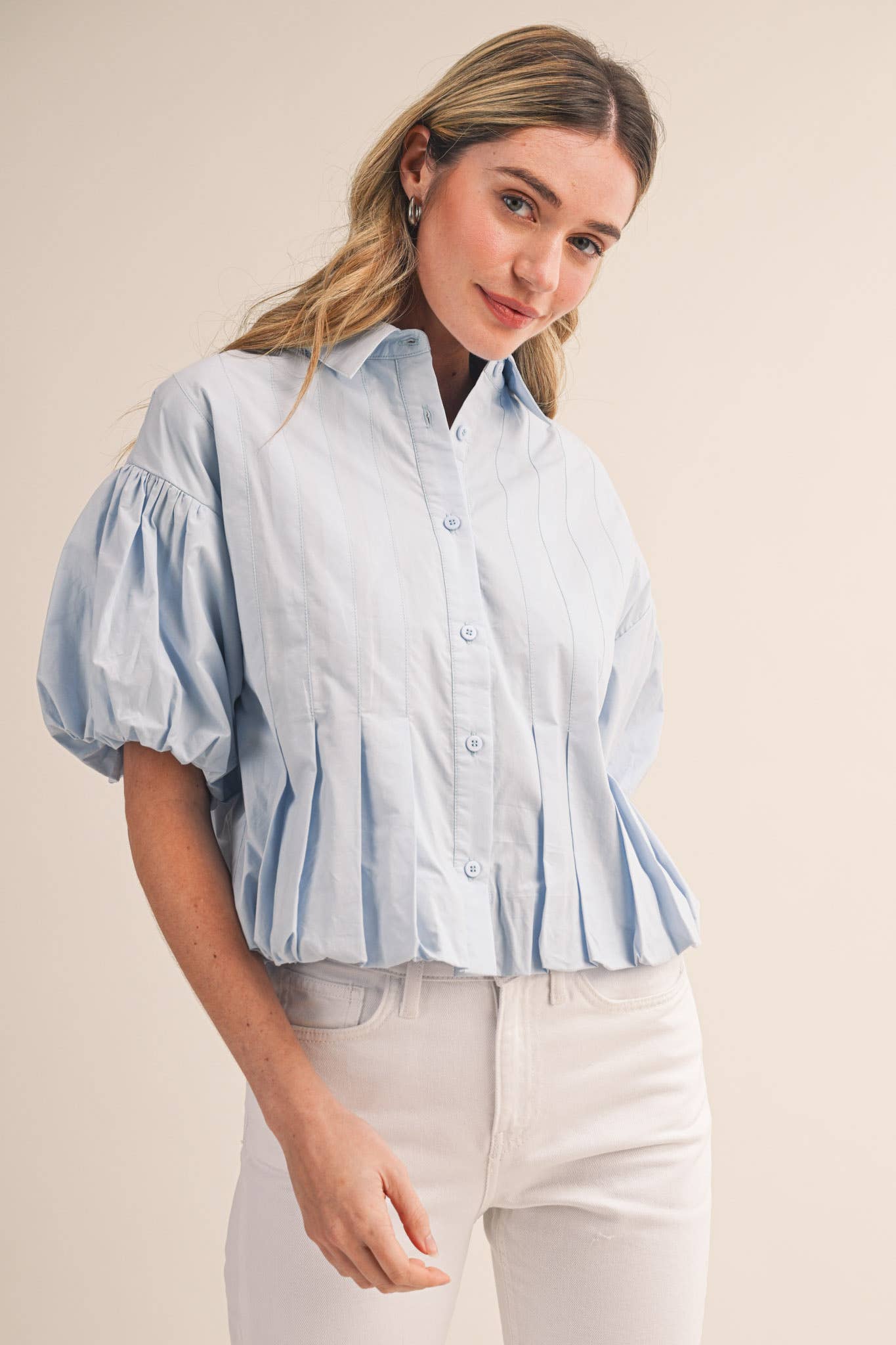 PLEATED BUBBLE HEM BUTTON DOWN TOP MTP4694: BANANA CREAM / S