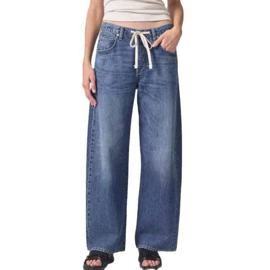 Distressed Loose Denim Drawstring Jeans
