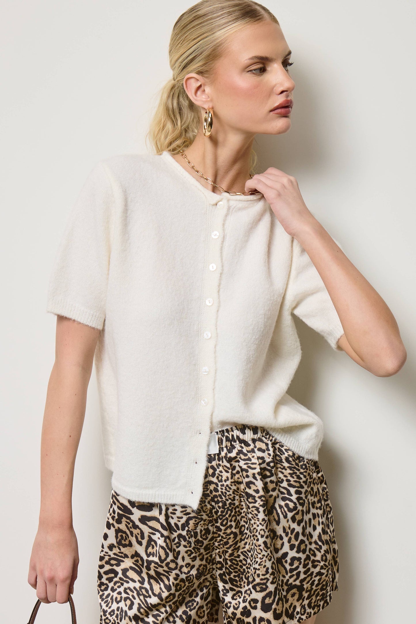 Short Sleeve Button Down Cardigan Top: Tangerine / S