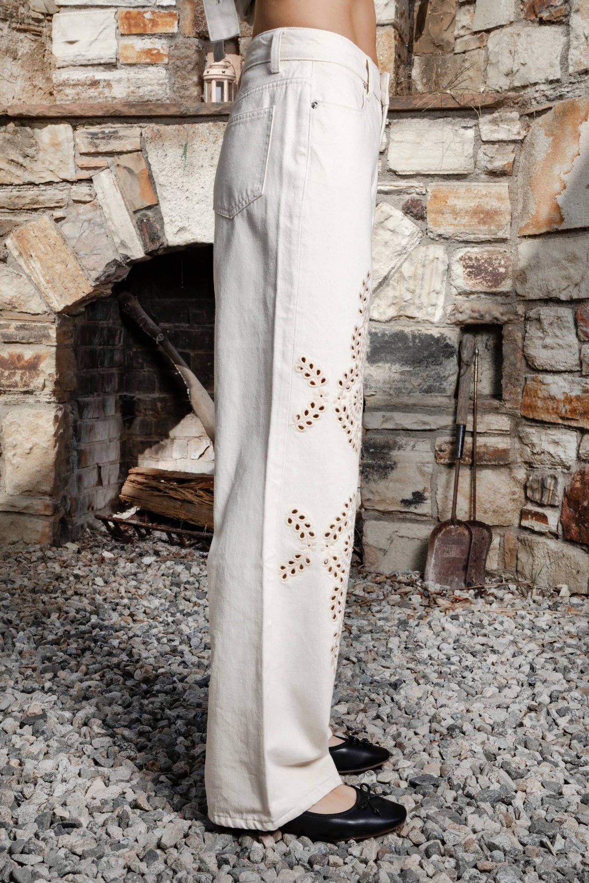 Flower Embroidered Wide Leg Denim