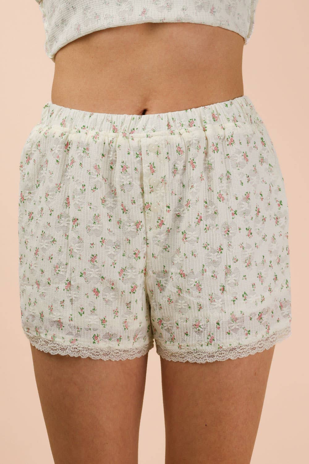 NT12294SET-Floral Printed Lace Trim Knit Top & Shorts Set: WHITE / S-M-L/2-2-2