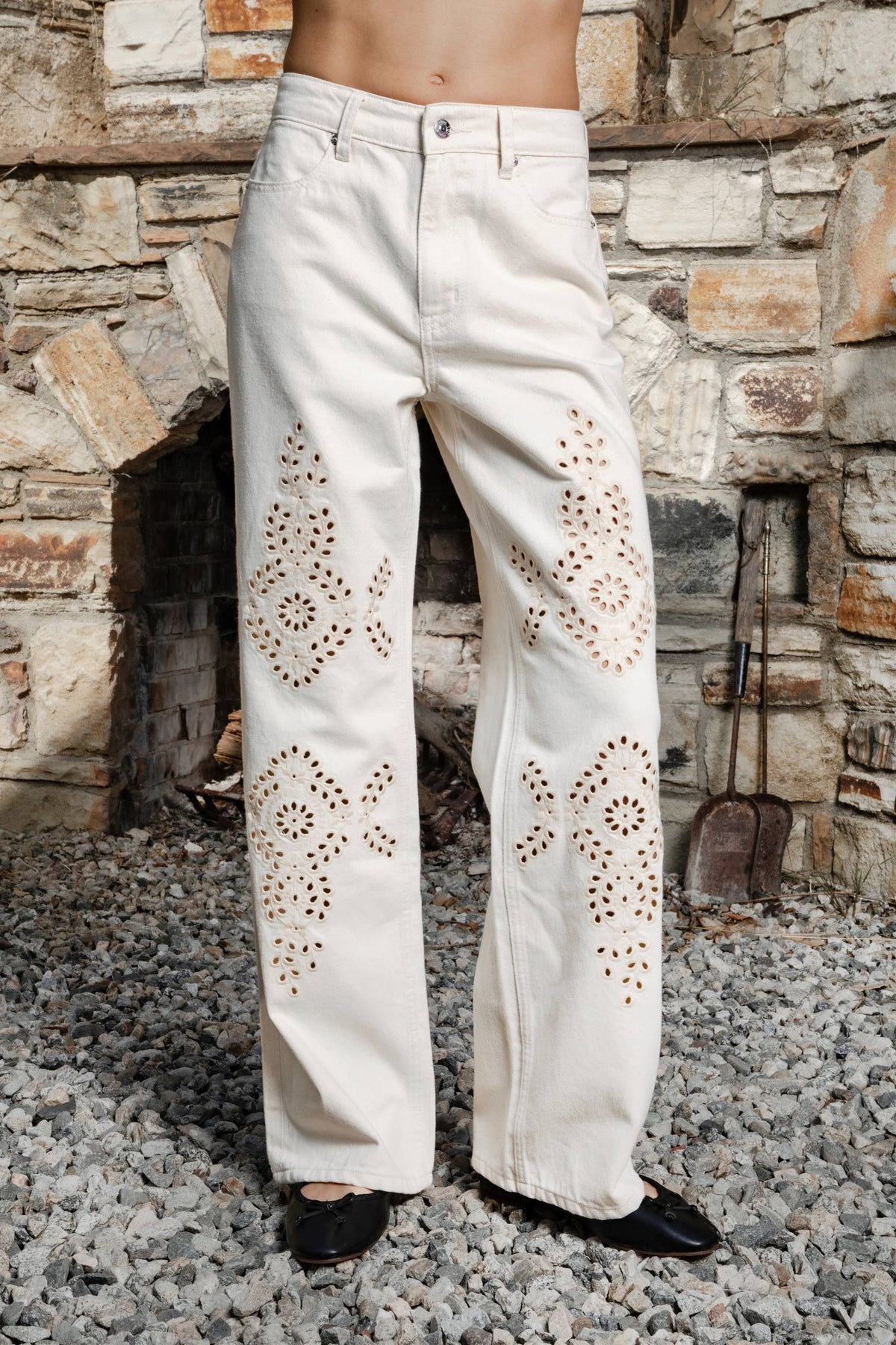 Flower Embroidered Wide Leg Denim