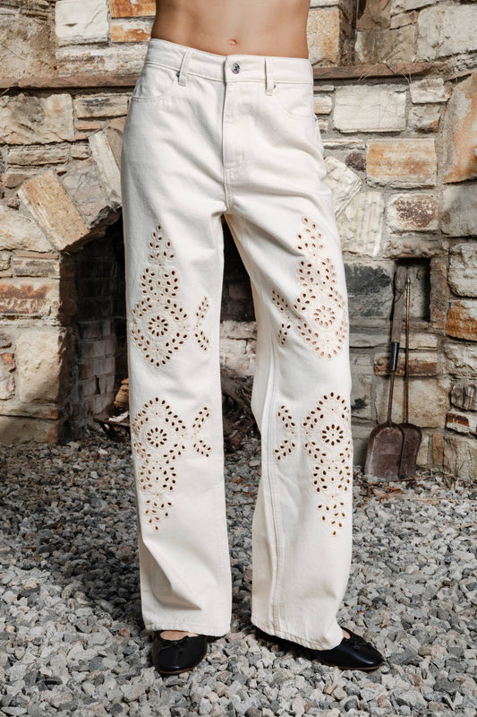 Flower Embroidered Wide Leg Denim