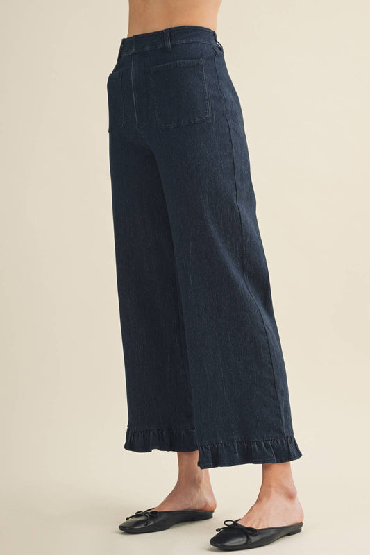 Wide-Leg Ruffle Hem Patch Pocket Trousers