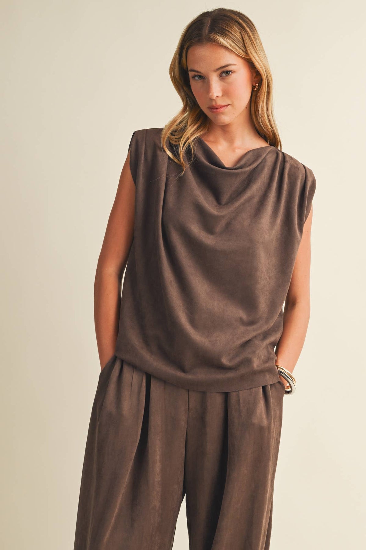 Sueded Knit Cowl Neck Cap-Sleeve Top