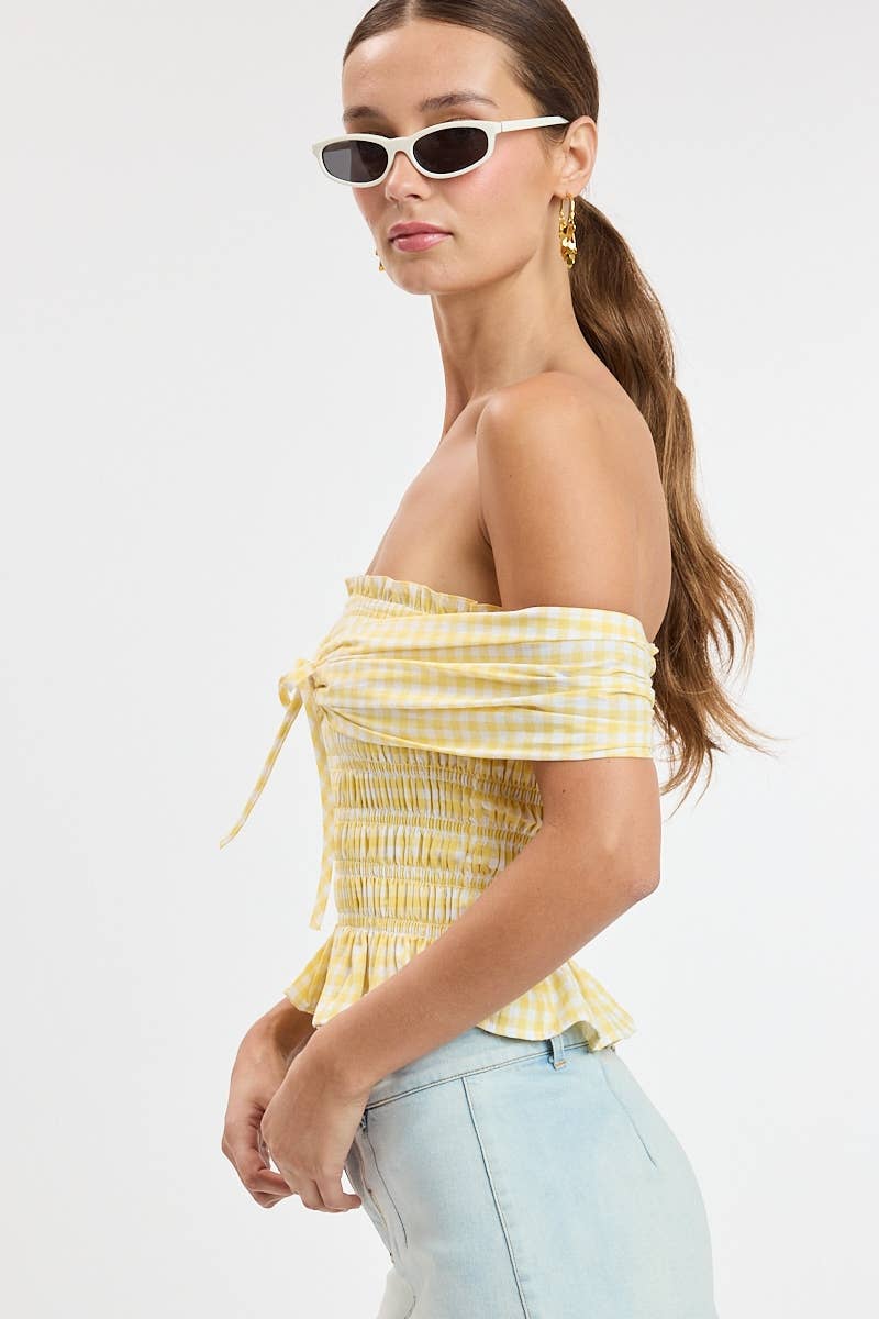 CHECKER OFF-SHOULDER SMOCKED BODY TIE TUBE TOP: RED CHECKER / S