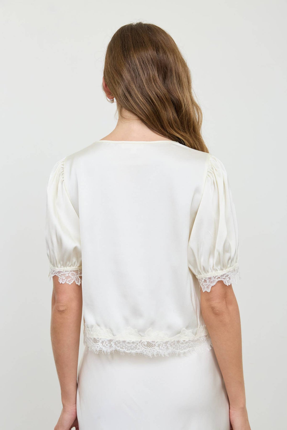SATIN LACE TRIM V NECK PUFF SLEEVE BLOUSE
