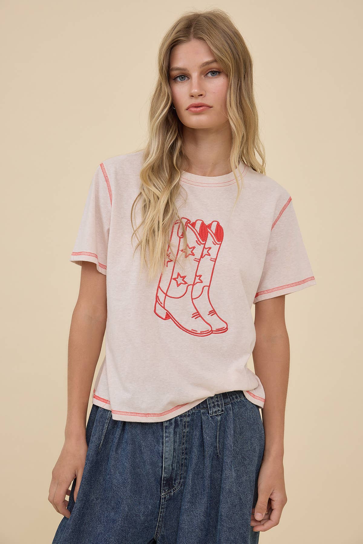 Western Boots Embroidered Contrast Stitch Tee - RTK1112: PEACH / S-M-L (3-2-1)