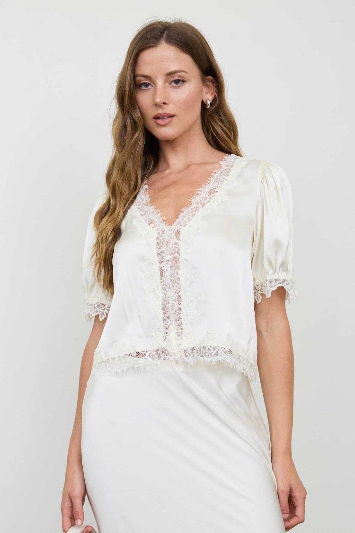 SATIN LACE TRIM V NECK PUFF SLEEVE BLOUSE