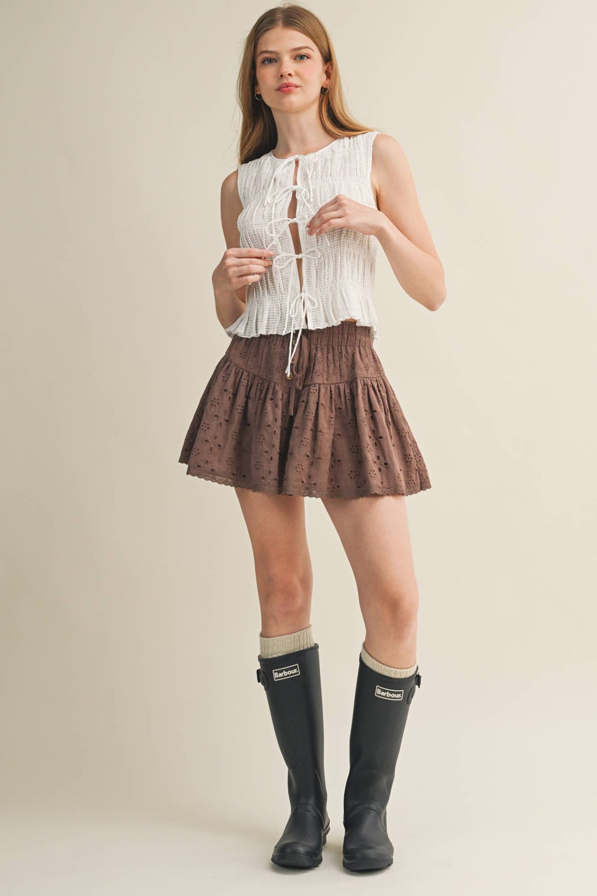 Embroidered Eyelet Smocked Waist Skirt
