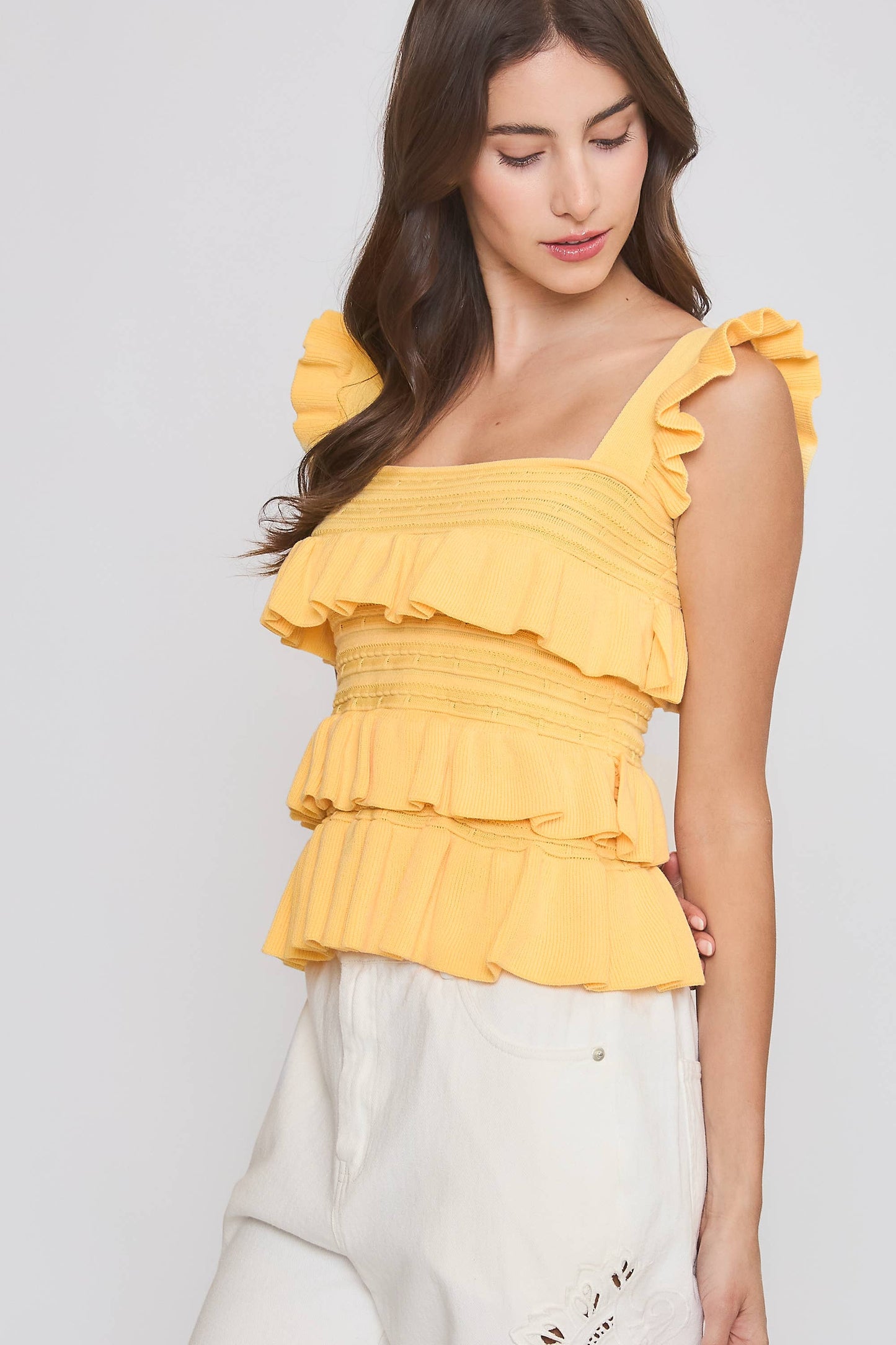 CW10030E Red Ruffled Knit Sleeveless Top: TOMATO RED / S-M-L (3-2-1)