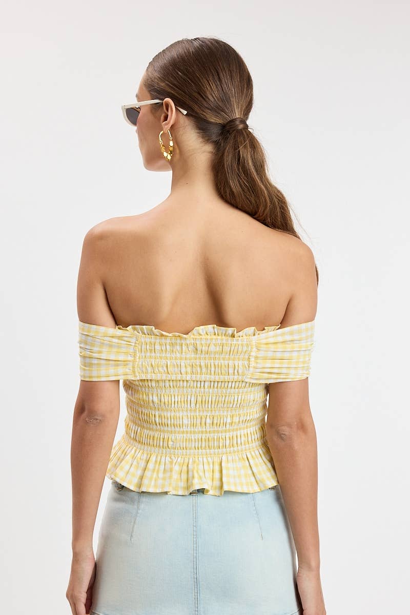 CHECKER OFF-SHOULDER SMOCKED BODY TIE TUBE TOP: RED CHECKER / S