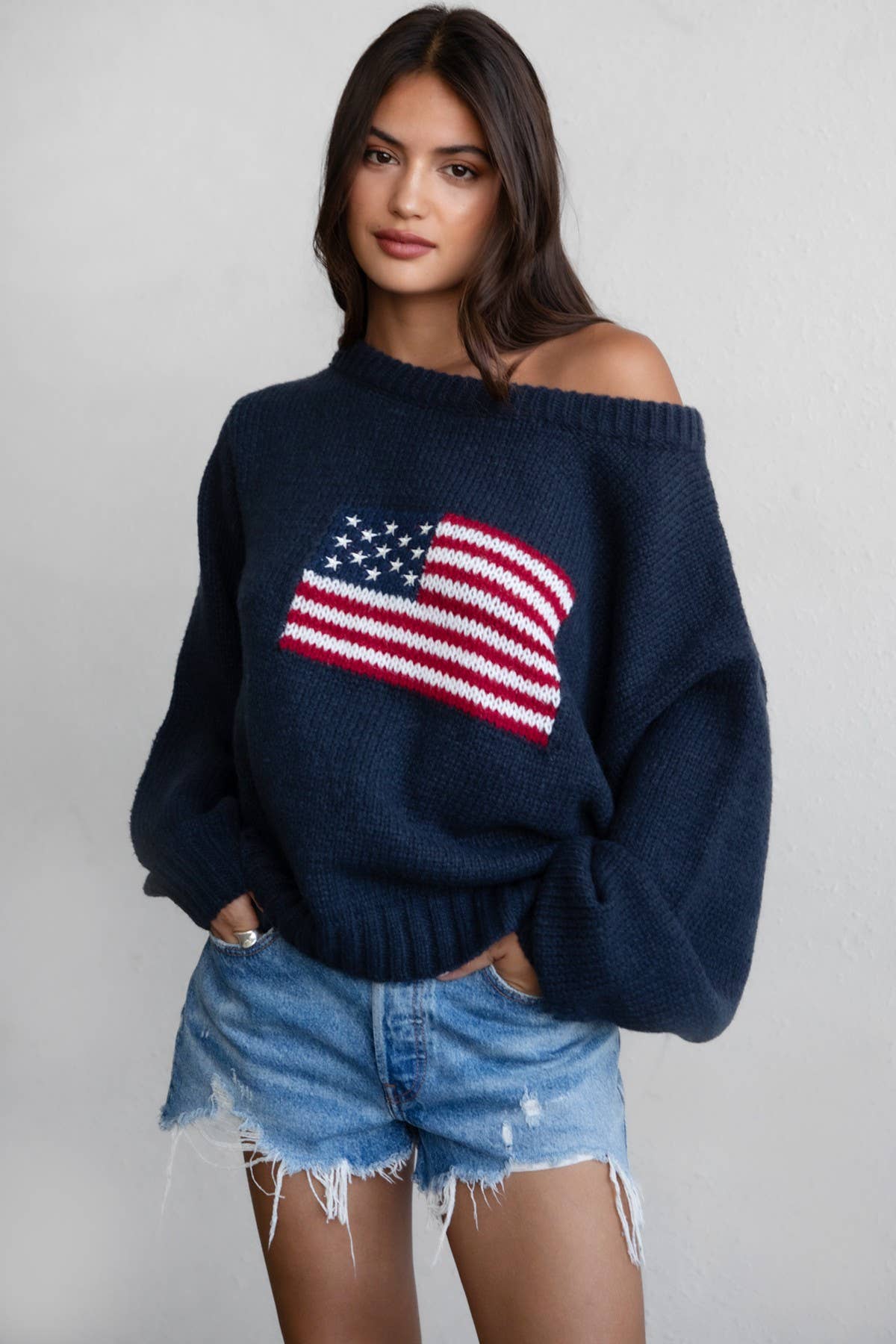 BRANDI American Flag Knit Off The Shoulder Lounge Sweater: Cream / 3 SMALL 2 MEDIUM 1 LARGE