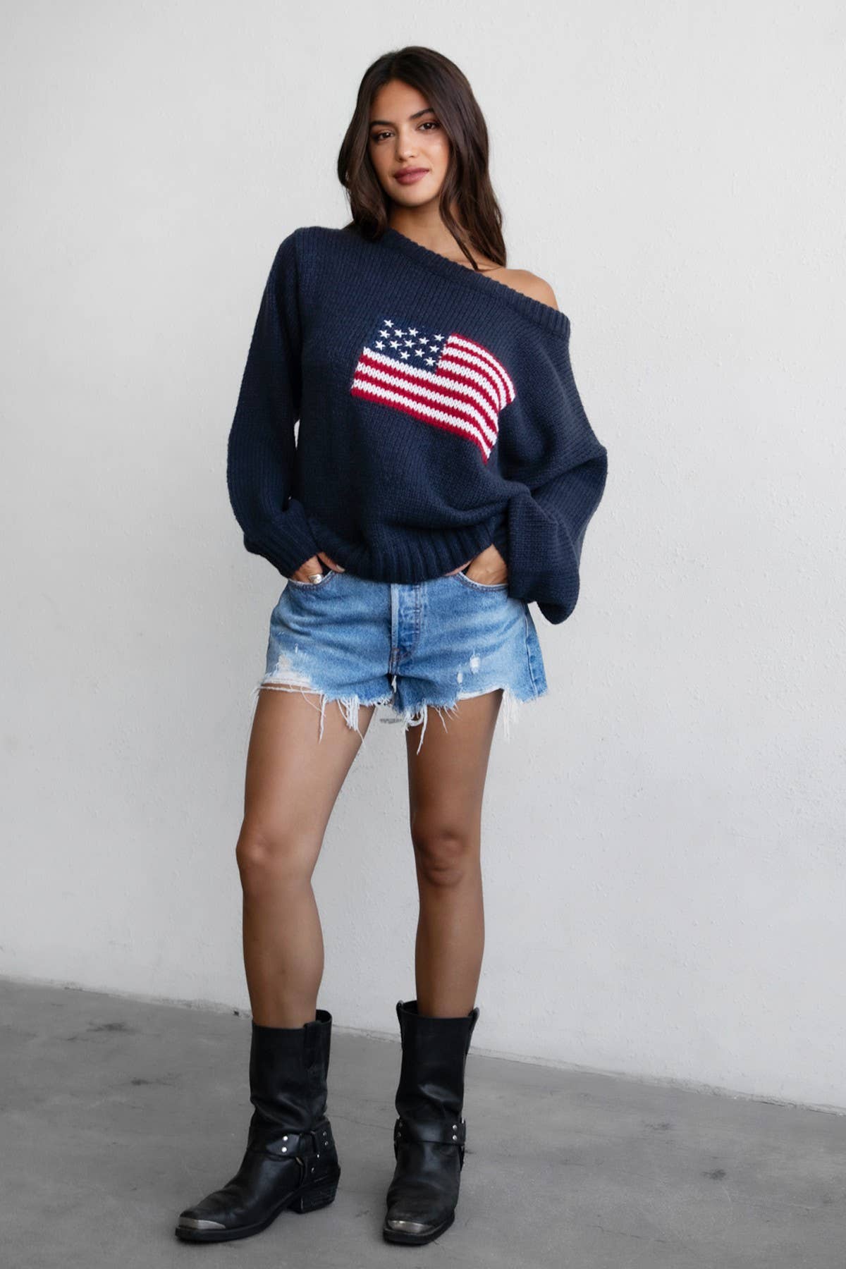 BRANDI American Flag Knit Off The Shoulder Lounge Sweater: Cream / 3 SMALL 2 MEDIUM 1 LARGE