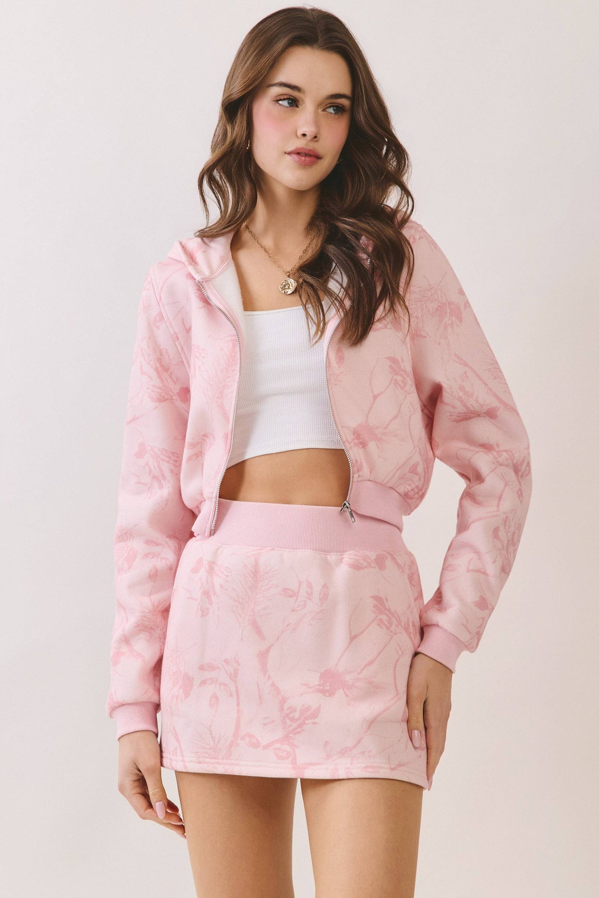 Camo Print Cropped Zip Up Hoodi