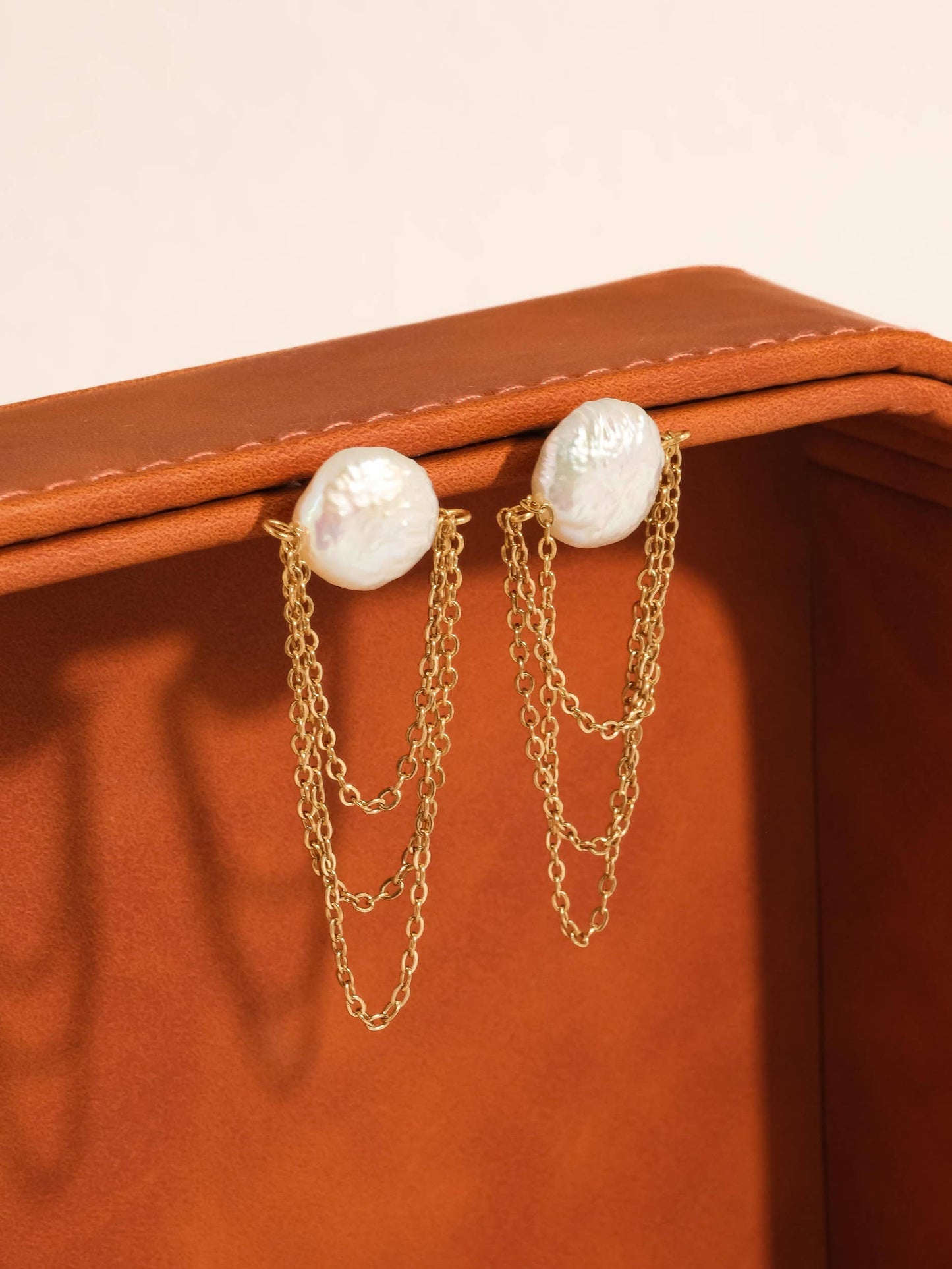 Shynelle 18K Gold Non-Tarnish Baroque Pearl Chain Earrings: Yellow Gold