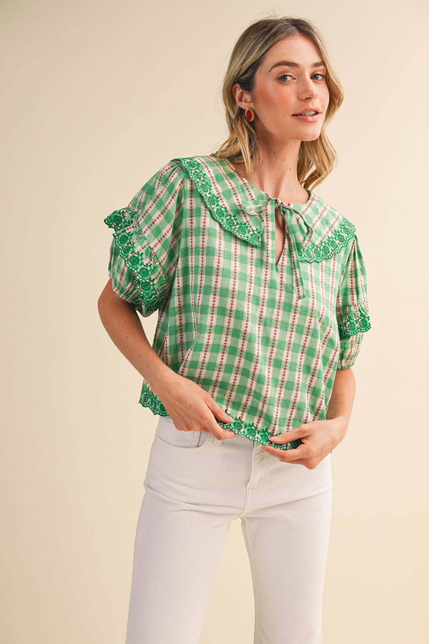 FLORAL GINGHAM EMBROIDERED DOLL COLLAR TOP MTP4602: YELLOW GINGHAM / S