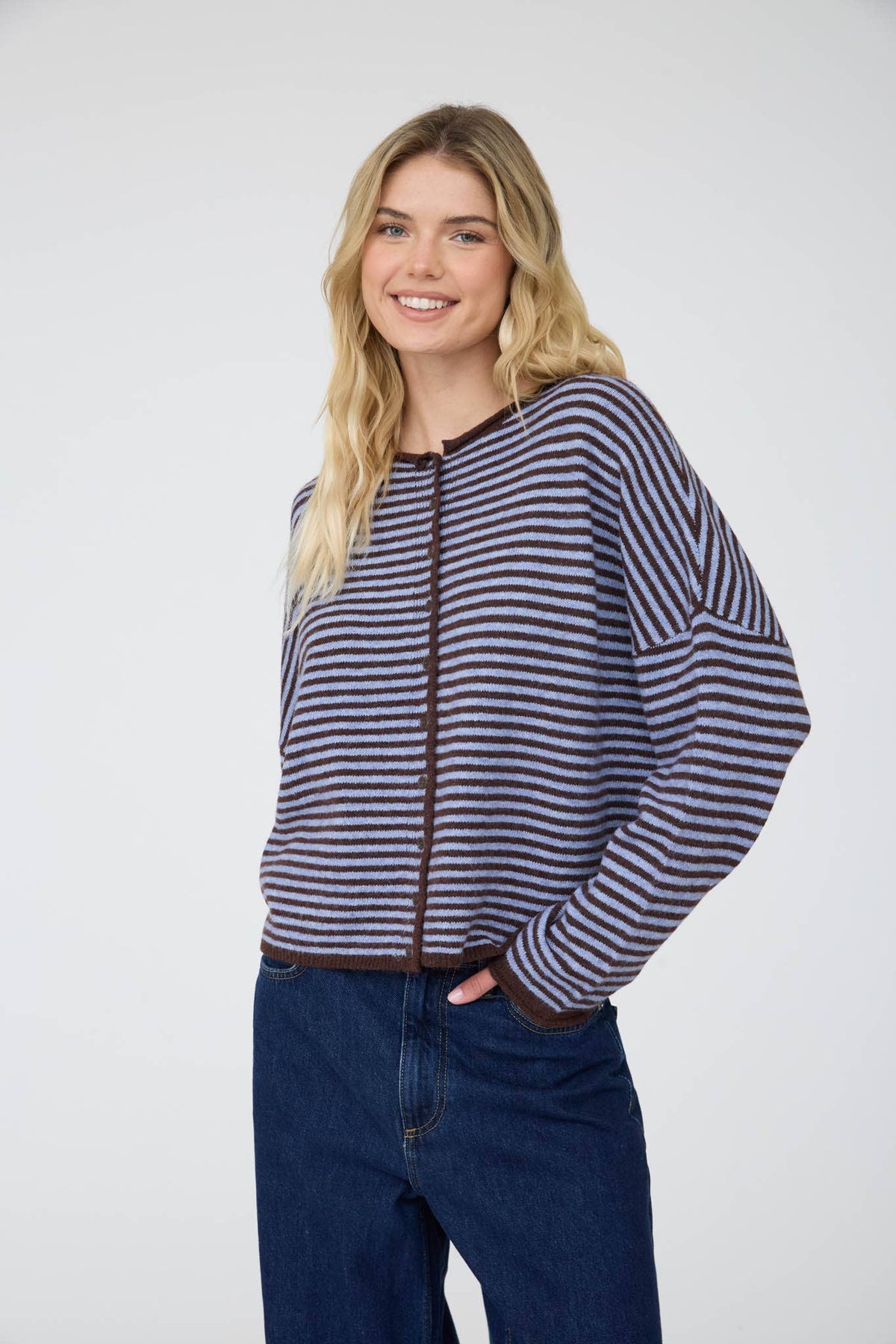 STRIPE RAW EDGE BUTTON DOWN LONG SLEEVE CARDIGAN
