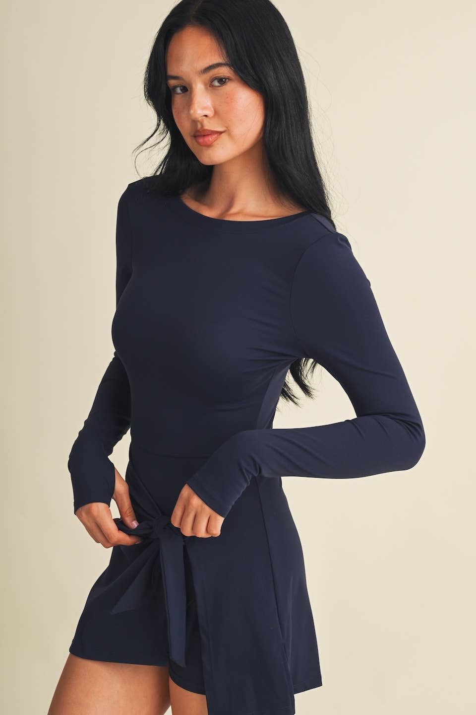 Long Sleeve Wrap Tie Front Dress: Dark Chocolate / S