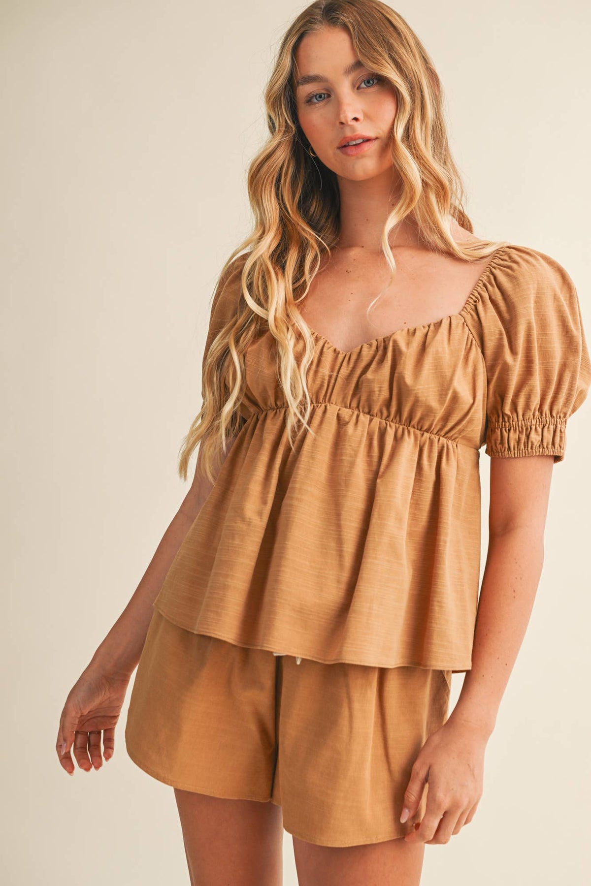 Ruched Bodice Empire Puff Sleeve Top