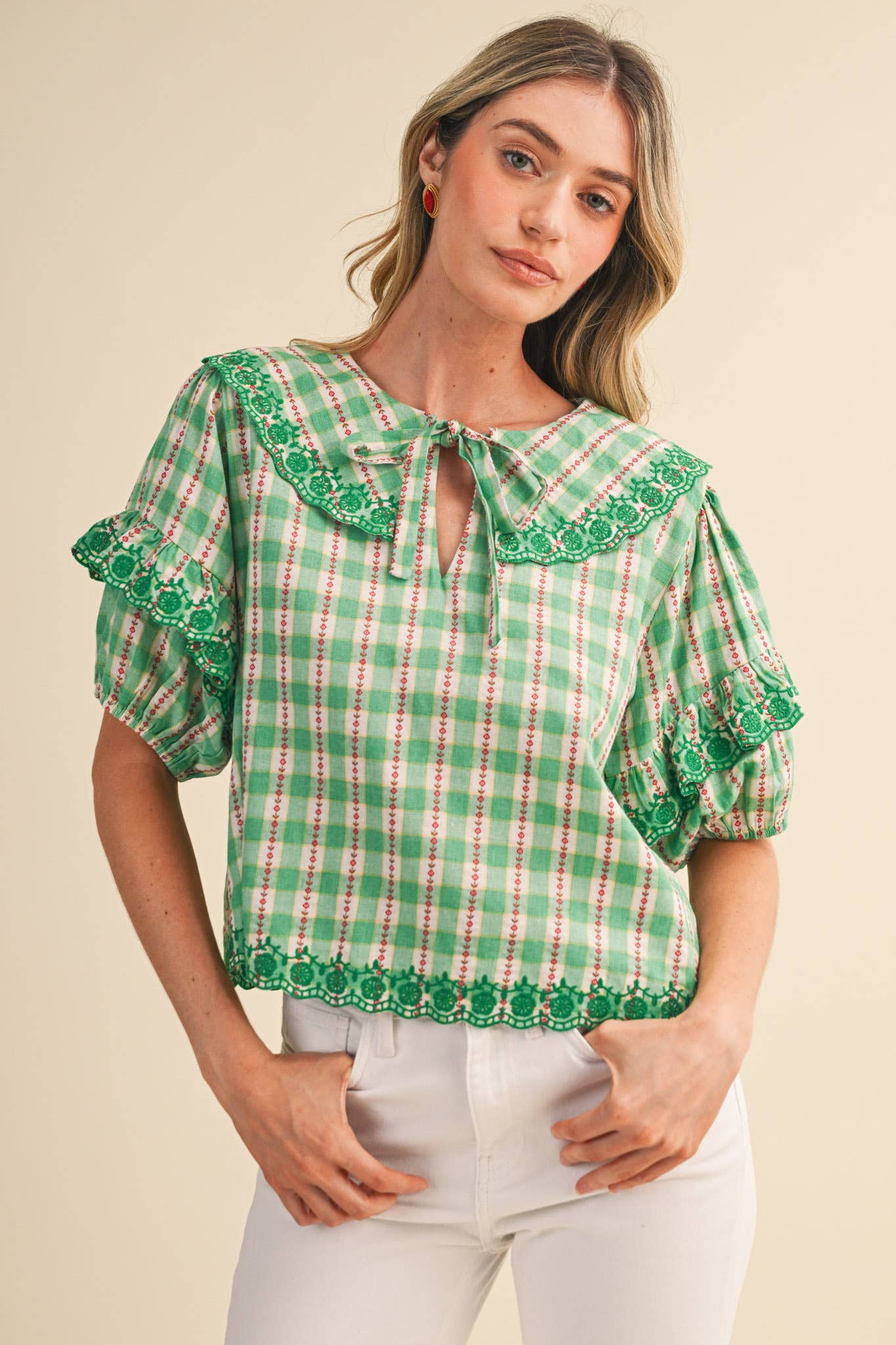 FLORAL GINGHAM EMBROIDERED DOLL COLLAR TOP MTP4602: YELLOW GINGHAM / S