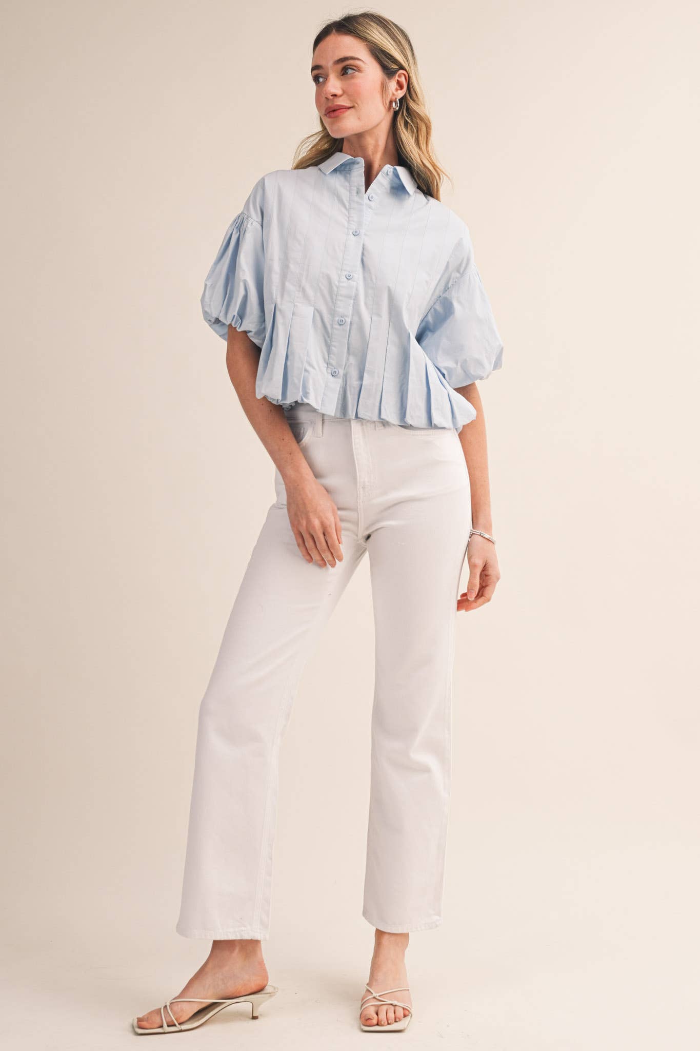 PLEATED BUBBLE HEM BUTTON DOWN TOP MTP4694: BANANA CREAM / S