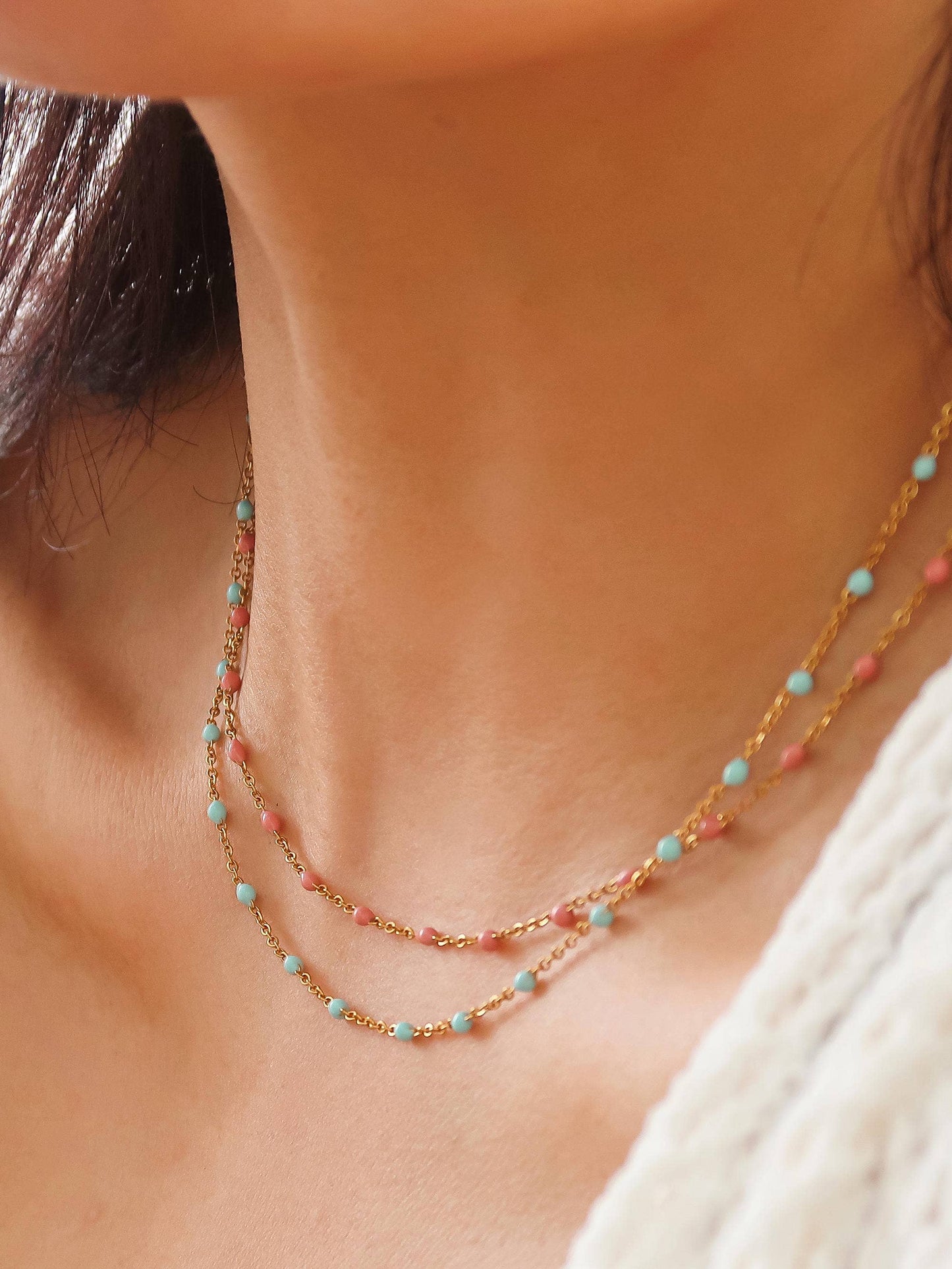 Beaded Petite Chain Necklace: Rose