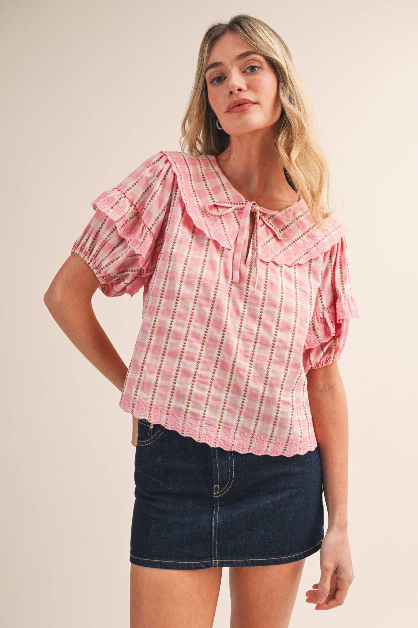 FLORAL GINGHAM EMBROIDERED DOLL COLLAR TOP MTP4602: YELLOW GINGHAM / S
