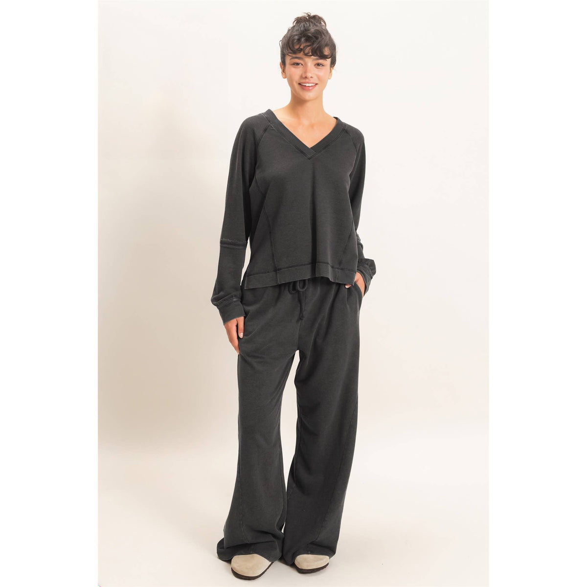 Mineral Wash V-Neck Seam Detail Sweatshirt
