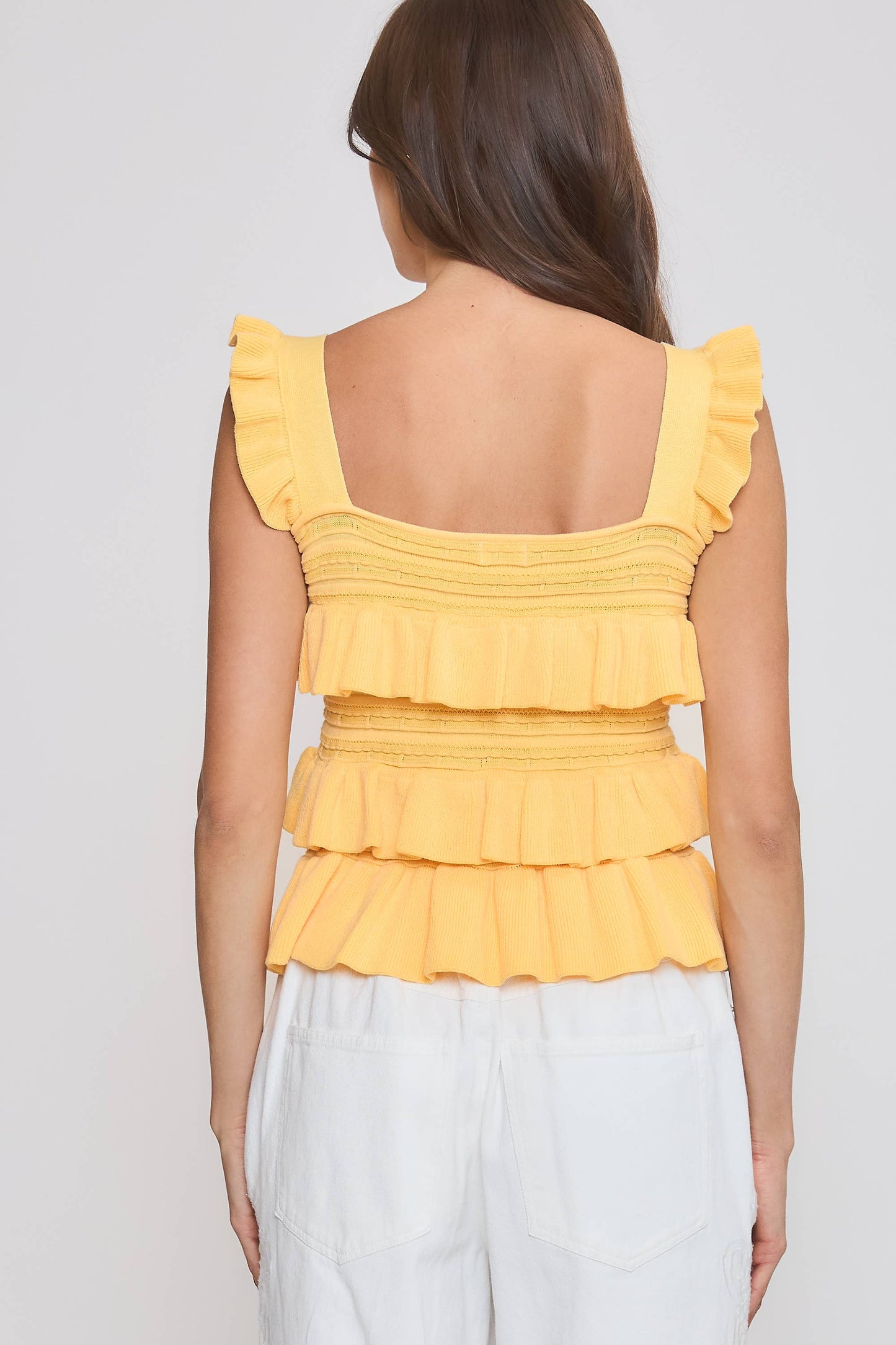 CW10030E Red Ruffled Knit Sleeveless Top: TOMATO RED / S-M-L (3-2-1)
